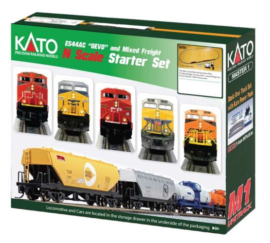 Kato 381-1060022 - N Scale GE ES44AC GEVO Mixed Freight Starter Set - Canadian Pacific Loco - 6 Cars - Unitrack M1 Basic 4 1/2 x 2ft Oval - Power Pack