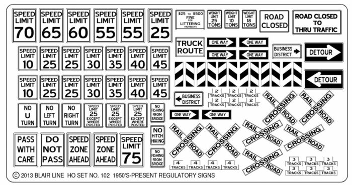 Blair Line 102 - HO Scale Highway Signs - Regulatory Signs #1 (1948-Present, black, white)