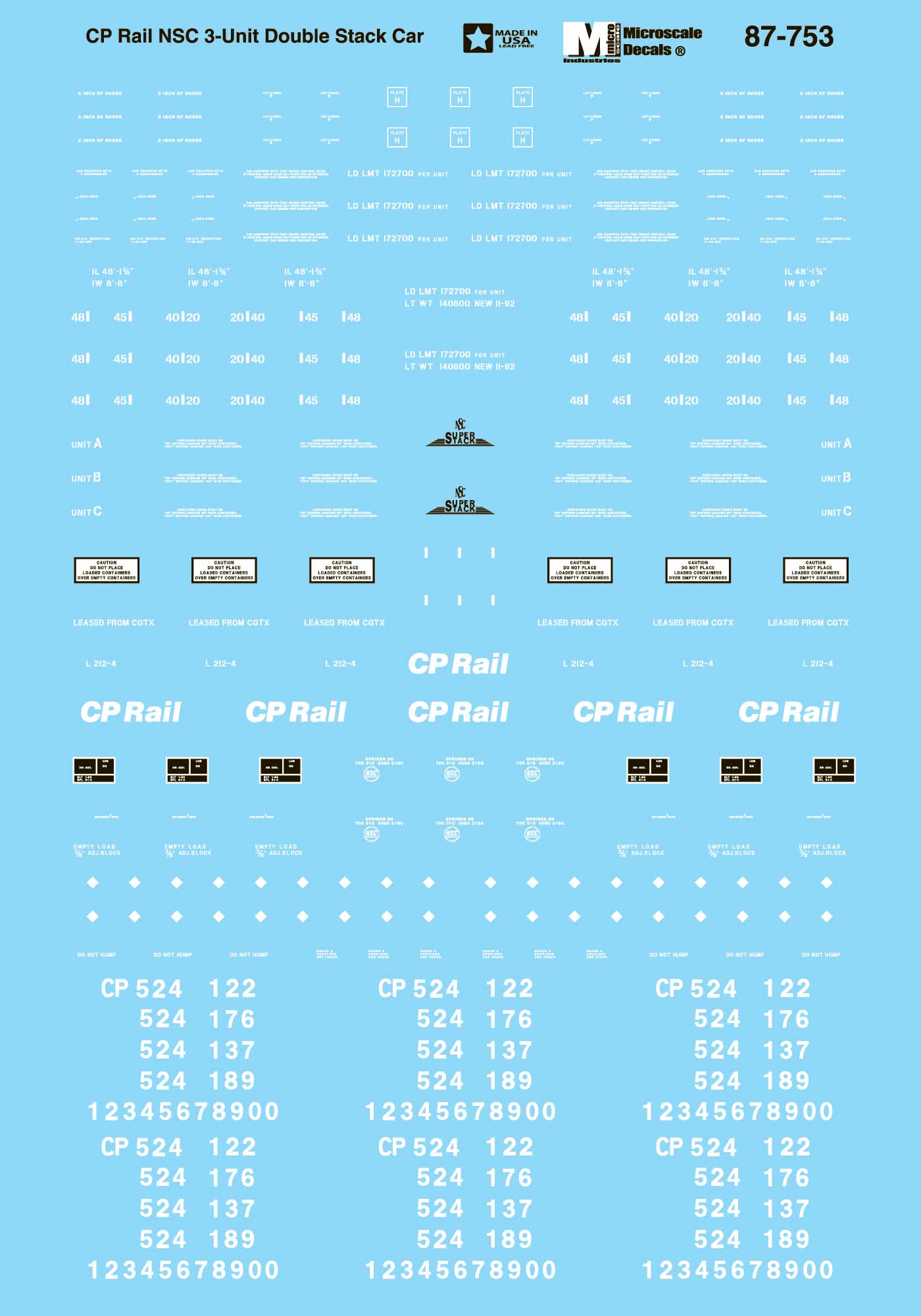 Microscale 87753 - HO CP Rail System - Double Stack Intermodal Cars 1992+ - Decals 