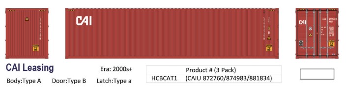 Aurora Miniatures HCBCAT1 - HO 40Ft Hi-Cube Dry Containers - CAI Leasing (3pk)