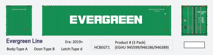 Aurora Miniatures HCBEGT1 - HO 40Ft Hi-Cube Dry Containers - Evergreen Line (3pk)