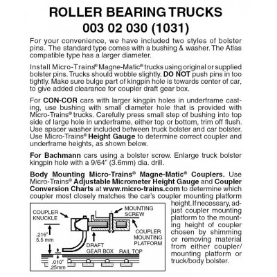 Micro Trains 003 02 030 - N Scale Roller Bearing Trucks w/o couplers (1pair)