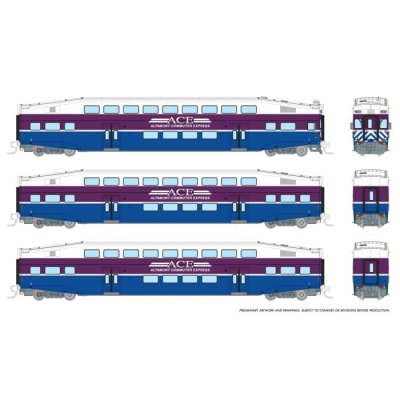 Rapido 546002 - N Bilevel Commuter Car -  ACE / San Jose (Set #2) - (Cab: 3308 Coaches: 3215 3219...