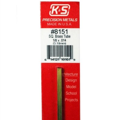 K&S Engineering 8151 All Scale - 1/8 inch OD Square Brass Tube 0.014inch Thick x 12inch Long