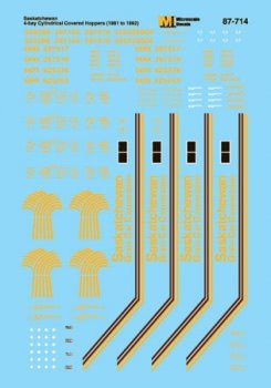 Microscale 87714 - HO Saskatchewan 4 Bay Cylindrical Covered Hoppers (1981 - 1992) - Decals