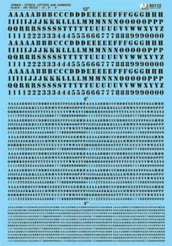 Microscale 90112 - HO Roman Stencil Letters & Numbers - Black - 12, 6, 4inch - Waterslide Decals