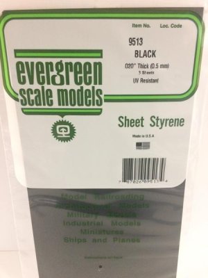 Evergreen Scale Models 9513 - Plain Opaque Black Polystyrene Sheet .020In x 6In x 12In (3 pcs pkg...