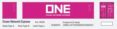 Aurora Miniatures HCBONT2 - HO 40Ft Hi-Cube Dry Containers - Ocean Network Express (ONE Pink) (3p...